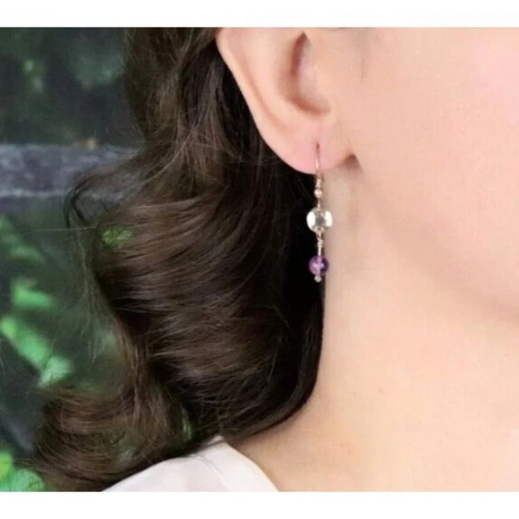 10k Yellow Gold Natural Amethyst Dangle Drop Earrings - Picture 2 of 7